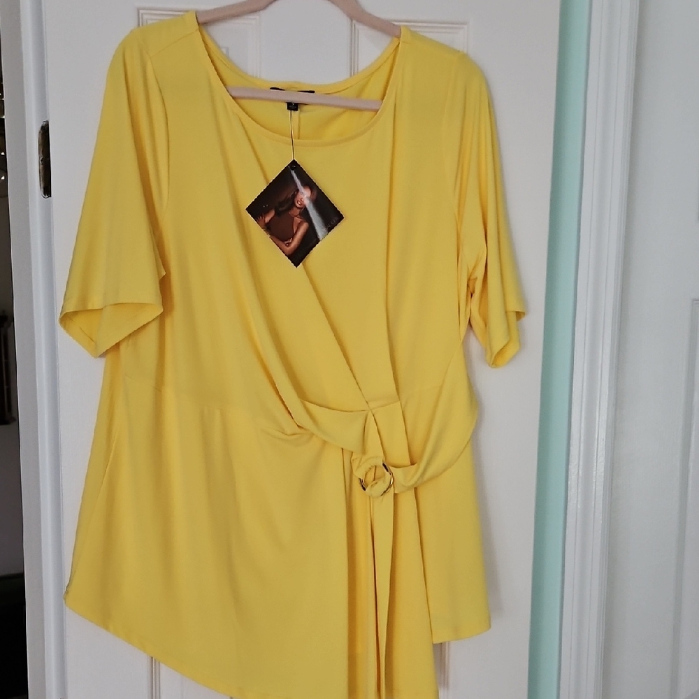 IMAN Yellow Flutter Sleeve Asymmetrical Blouse
